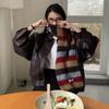 Preppy Style Stripe Scarf Plush Knitted Shawl Simple Plaid Wool Scarf  Girl