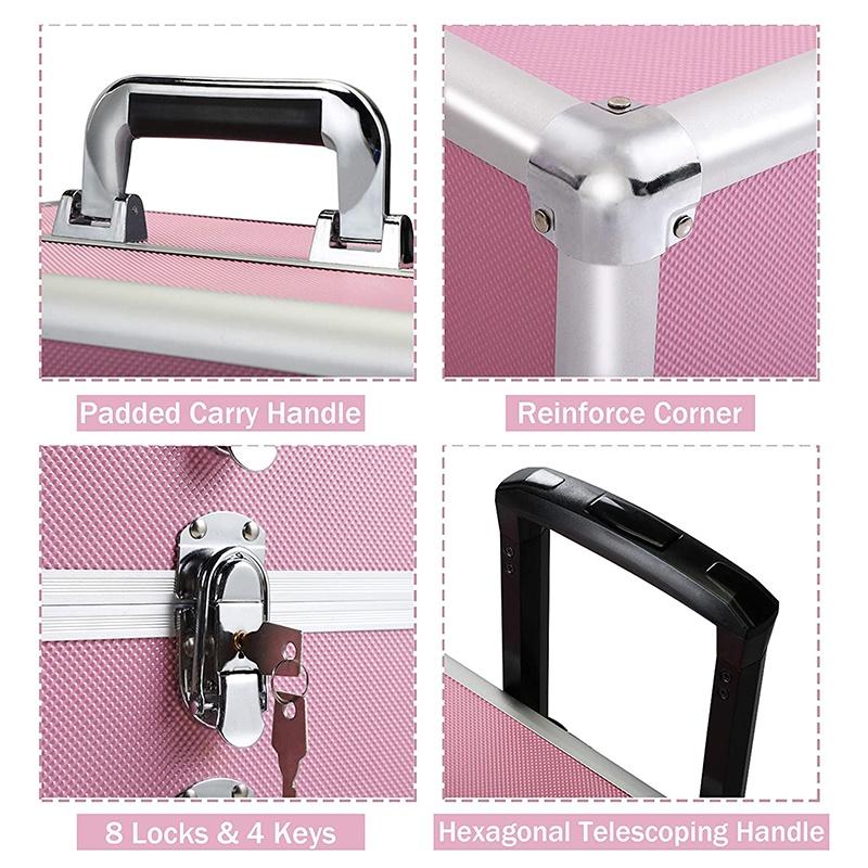 Professioneller Kosmetikkoffer mit großer Kapazität, tragbarer Aluminium-Make-up-Organizer-Koffer-Trolley für Damen, Reise-Make-up, Pink/Schwarz, 4-in-1