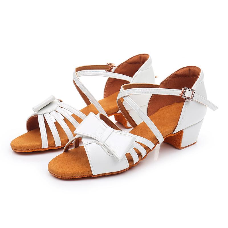 Girls' White Bow Latin Dance Shoes - Soft Sole, Mid-Heel for Cha-Cha and Standard Practices