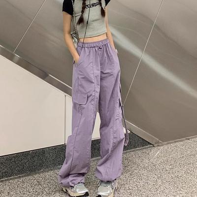 American Casual Retro Purple HighWaist Straight Cargo Pants for Women  Summer Loose Thin Athletic WideLeg Trousers