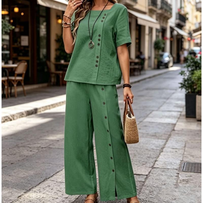 Fashion Casual Loose Two-piece Short-sleeved Top and Loose Wide-leg Pants for Women