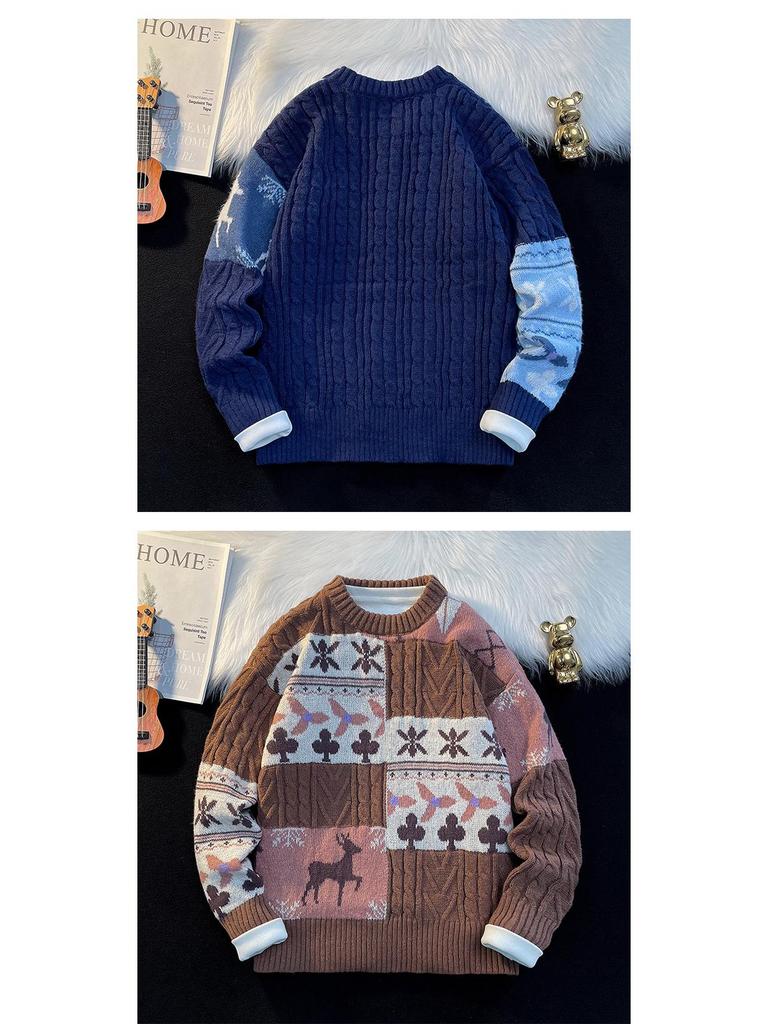 Men's Retro Patchwork Loose Knit Sweater - Winter Base Layer Outerwear