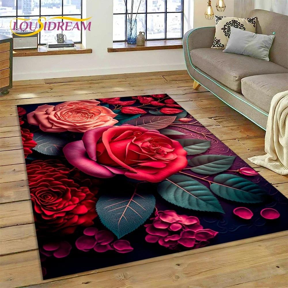 Gül Çiçekleri İskandinav Aşk Romantik Halı Kilim Yatak Odası Oturma Odası Ev Kanepe Dekorasyonu, Çocuk Oyunu Büyük Dekor Yer Paspası