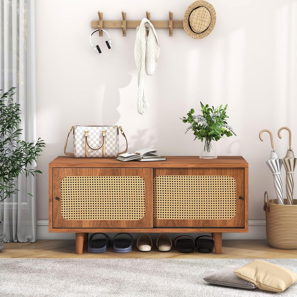 Schuhschrank 2 Türen verstellbare Ablage, Schuhregal Flur, Diele, Wohnzimmer, Schlafzimmer, Holzmöbel, Landhausstil, 104 x 40 x 48 cm, Nussbaum