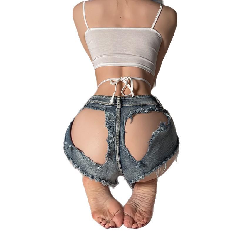 Pantaloni scurți tanga seducători din denim - Ruptu, Stil sexy pentru club 2240