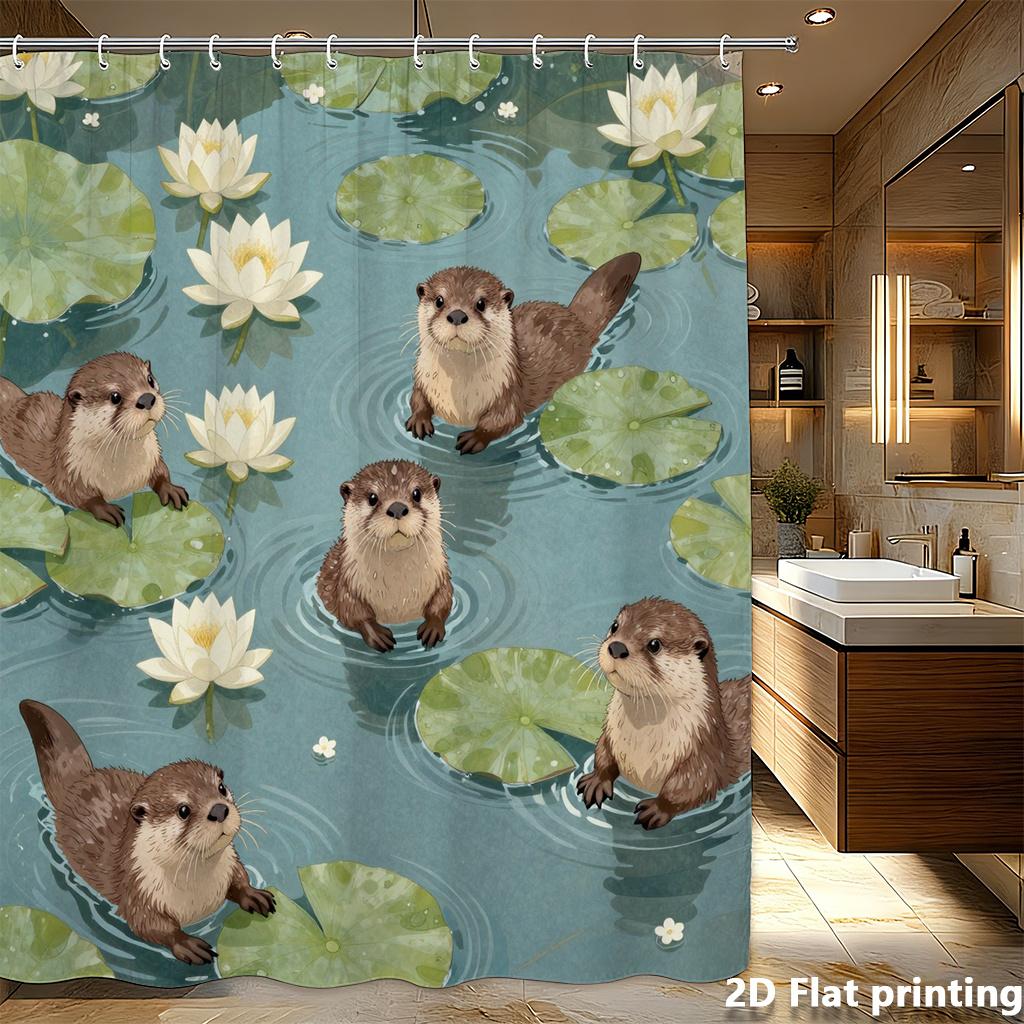 Otter Shower Curtain – Swimming Otters with Water Lilies & Lily Pads, 2D Flat Print, Polyester, Grommet Top, 71x71 Inch
