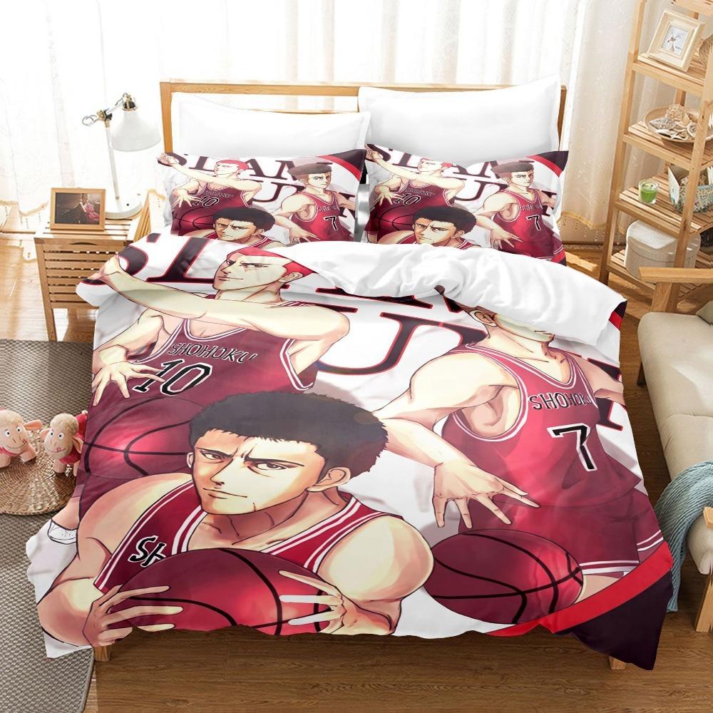 Anime Basketball Theme Microfibre Bedding Sets, Children's Bed Linen with Zip Room Decor Duvet Cover for Teenagers Adult 3-Piece