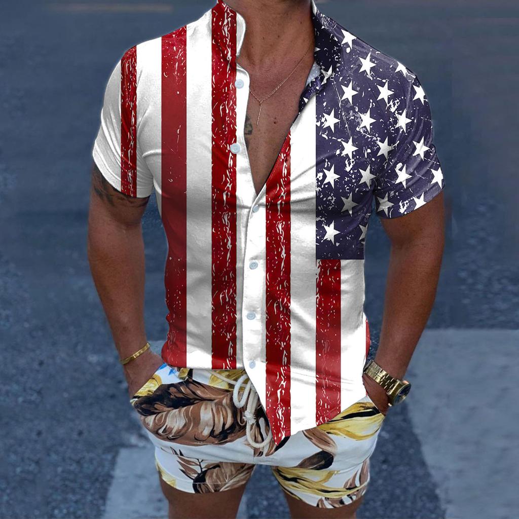 Nová letní košile 3D digitální tisk Den nezávislosti Tisk Neformální Volná Havajská košile Krátký rukáv