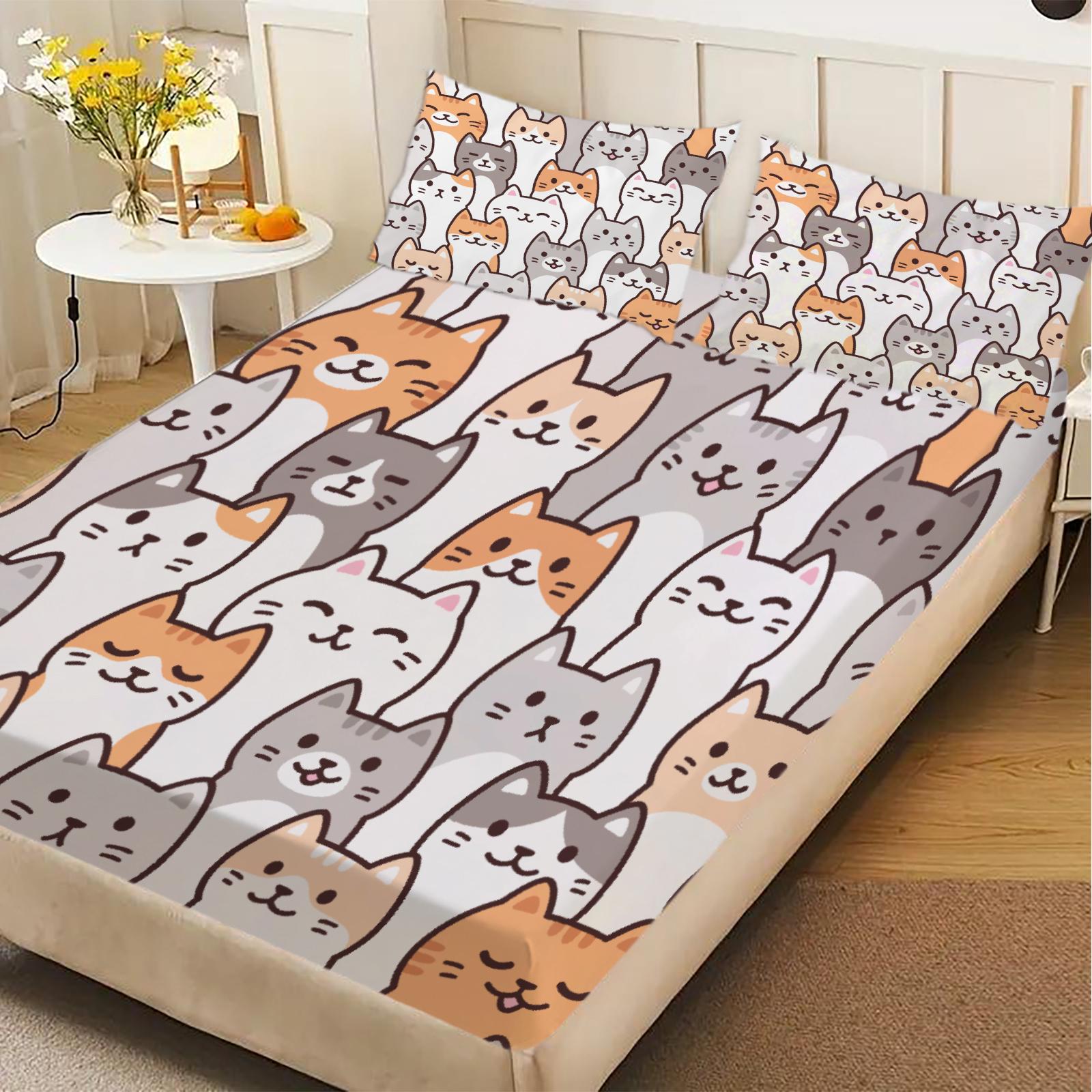 

3pcs Fitted Sheet Set Cute Cat Pattern Print Design Easy Care Stain Resistant Bed Sheet With Pillowcases For Bedroom Decor 99x190x25cm