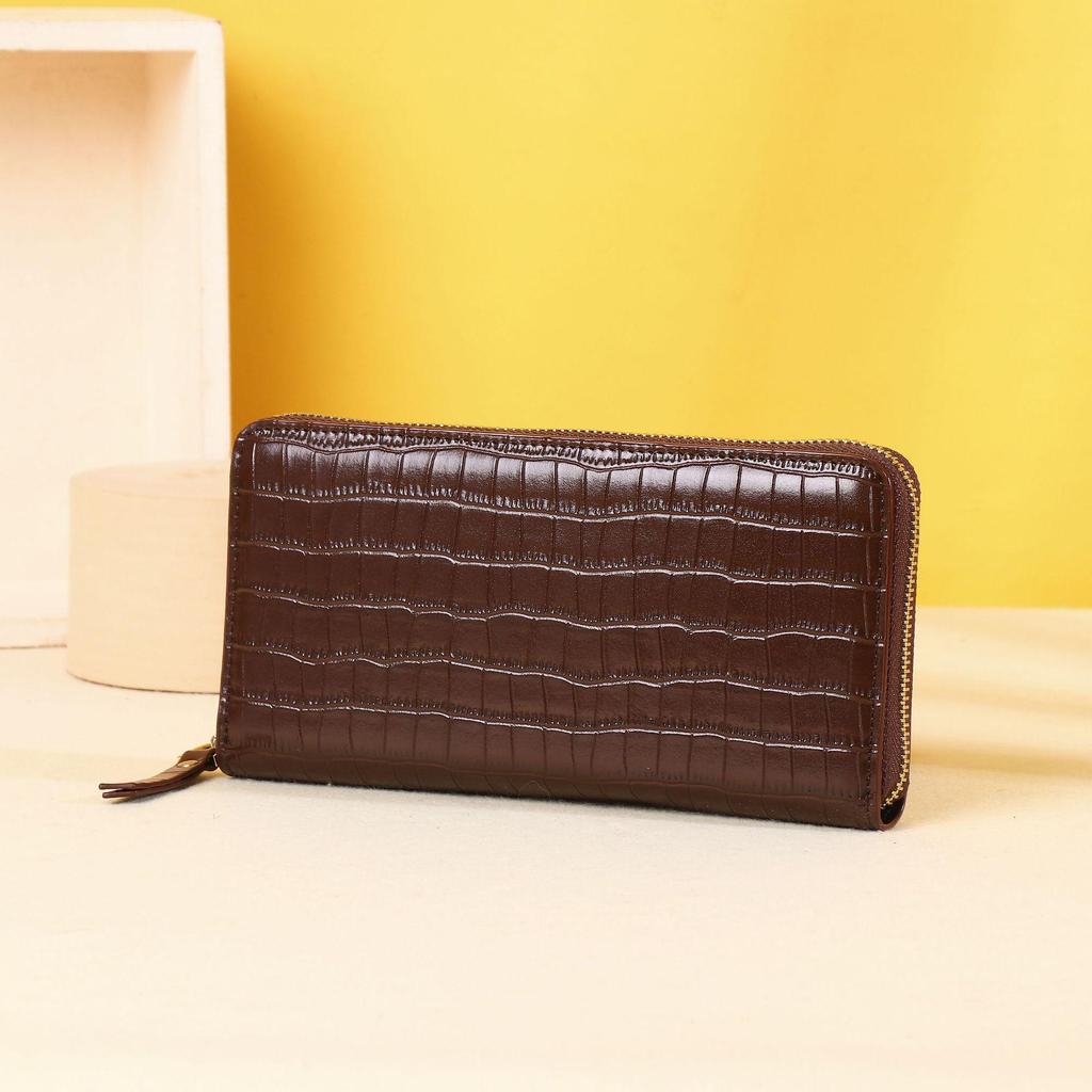 Women's Medium Zipper Clutch: Crocodile Pattern, European & American Style, Genuine Leather Wallet & Card Holder.
