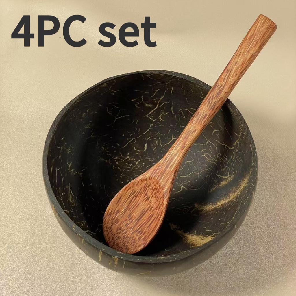 Natural Coconut Shell Bowl,Wooden Spoon and Bowl Set,Yogurt Bowl Fruit Salad Milkshake Kitchen Tableware