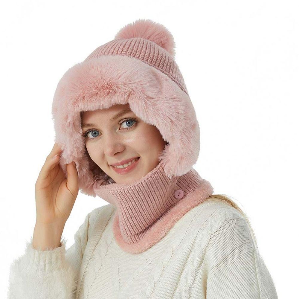 Plush 2in1 Scarf Hat Thicken Warm Balaclavas Hat Simple Winter Cap Mask Set Female Male