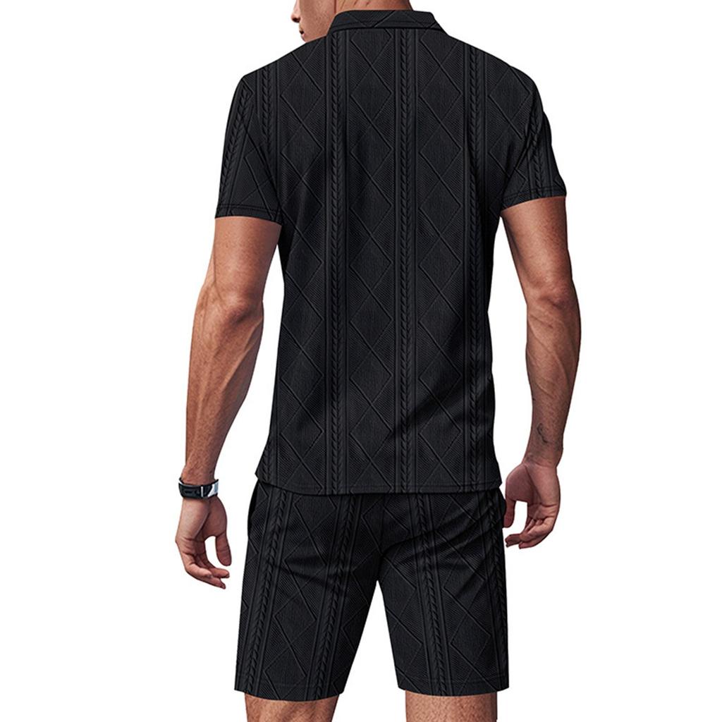 Men's Summer Solid Color Breathable Loose Zipper Short Sleeve Shirt Shorts Set