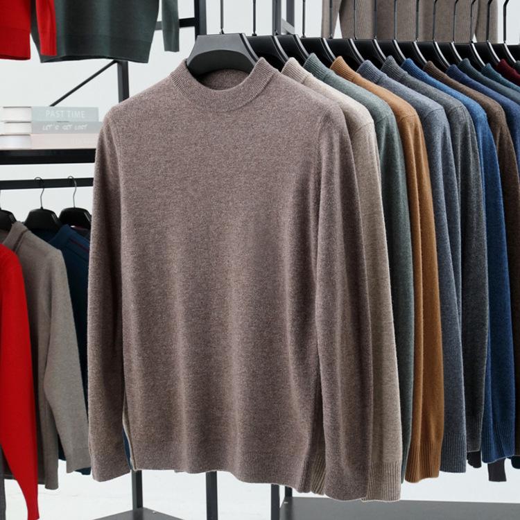 2024 Men's Pure Wool Half-High Neck Sweater, Autumn Winter Knitwear, High-End Casual Base Layer