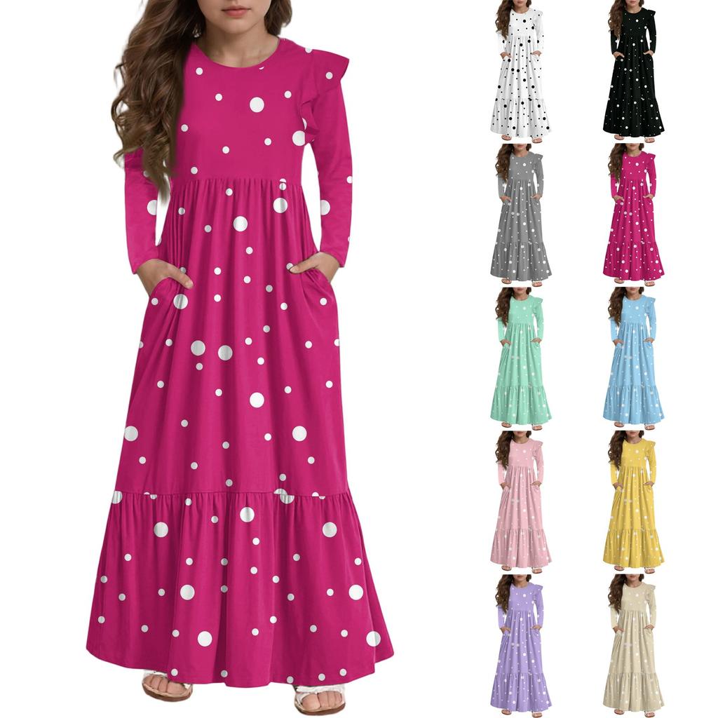 Girls' Tiered Ruffle Dress - Long Sleeve Printed Maxi With Pockets