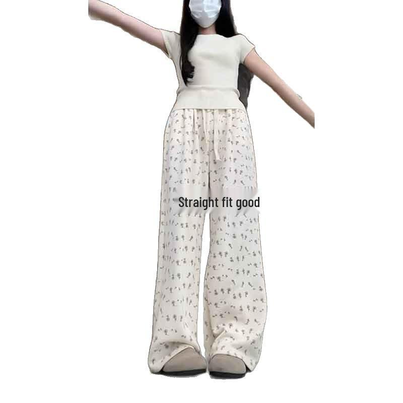 Trendy Floral Wide-Leg Pants for Women: Versatile, Loose Casual Fit for Spring & Autumn, Korean Style for Petite Female Students