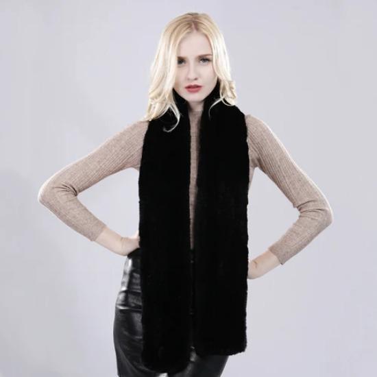 

Зимовий жіночий в язаний довгий шарф з натурального м якого хутра кролика рекс, якісні шарфи з натурального кролика рекс для леді 170cm x 13cm чорний