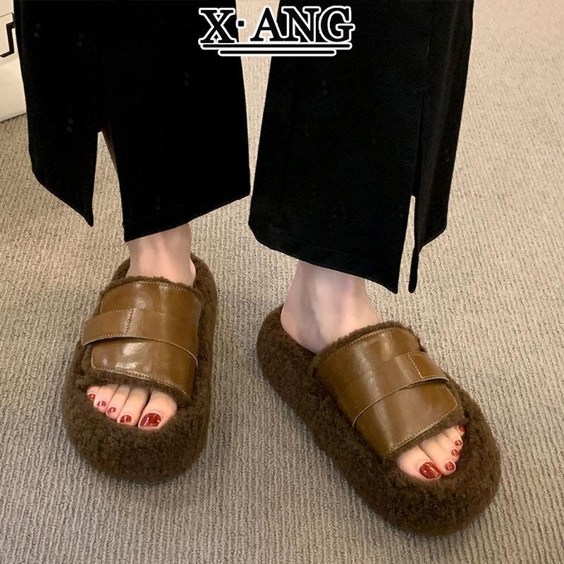 High-end lamb fluffy thick-soled slippers for women to wear autumn and winter new cotton slippers fluffy shoes