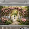 2D Cottage Stone Path Pink Flower Greenery Photo Background Cloth