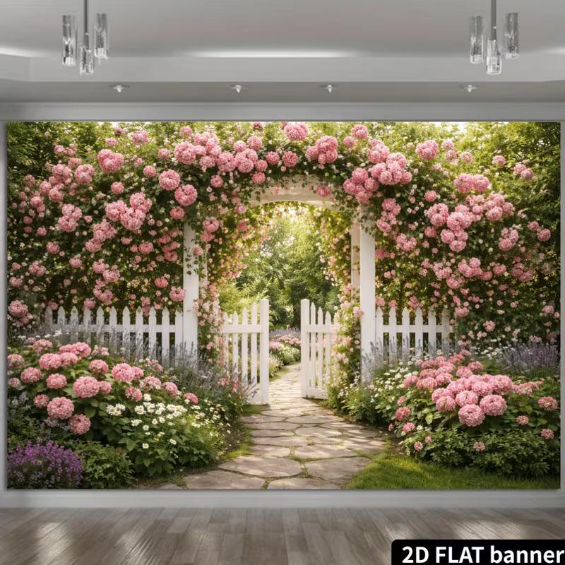 2D Cottage Stone Path Pink Flower Greenery Photo Background Cloth