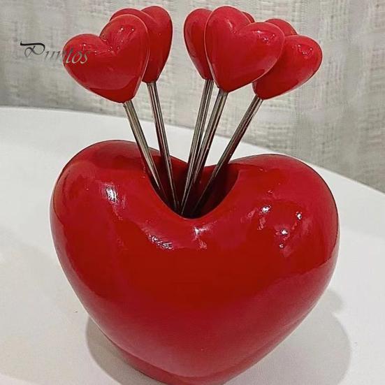 5/10Pcs Heart-Shaped Fruit Forks Set Dessert Cake Appetizer Picks with Love Holder Reusable Kitchen Utensils