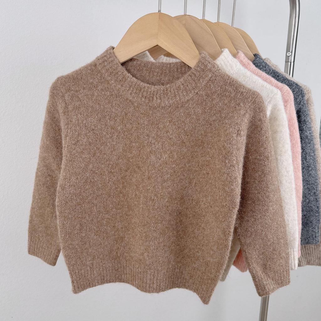 Kids' Round Neck Wool Sweater - Solid Color Knit Pullover for Autumn/Winter