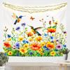 Watercolor Hummingbird Tapestry, Vibrant Wall Hanging with Colorful Hummingbirds & Cherry Blossoms on Purple Background