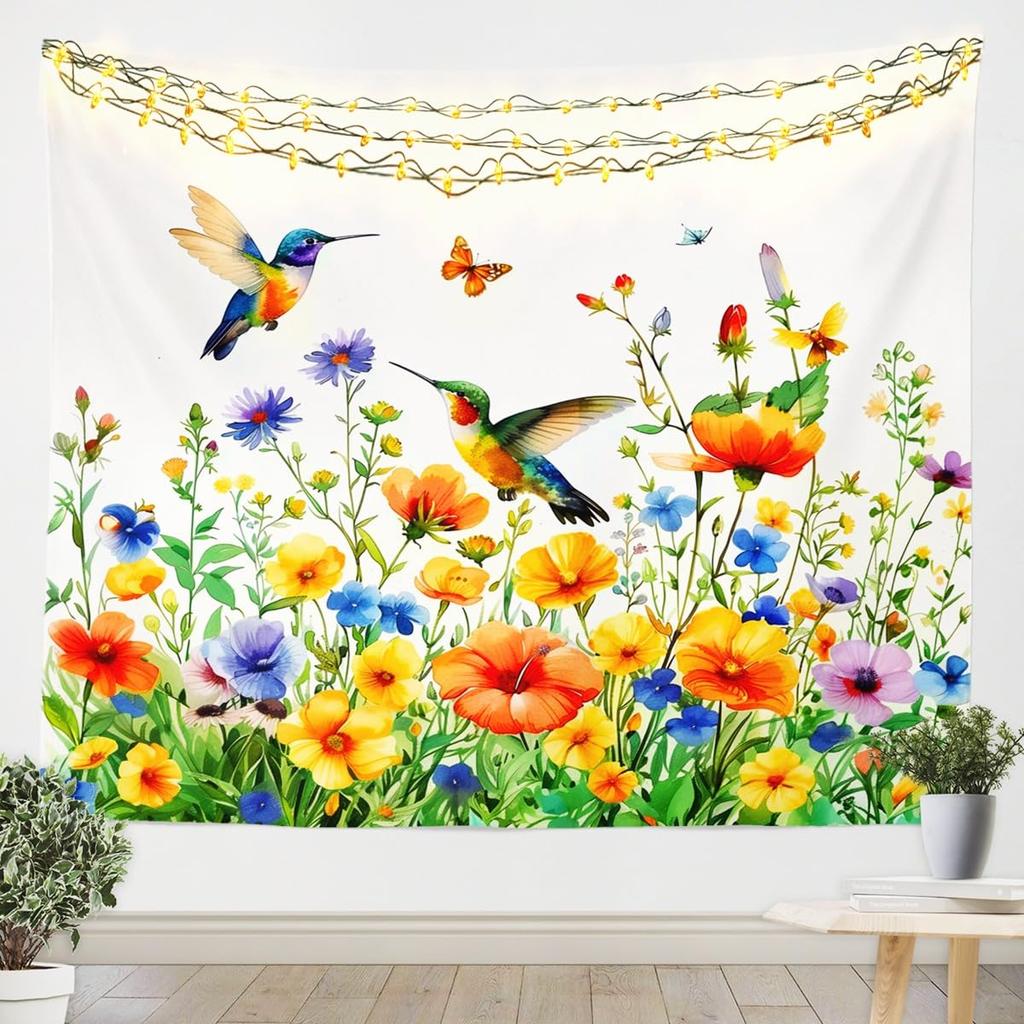 Watercolor Hummingbird Tapestry, Vibrant Wall Hanging with Colorful Hummingbirds & Cherry Blossoms on Purple Background