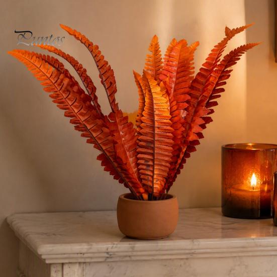 Decorative Branches for Terraces Artificial Fall Fern Plants, 18 Heads Autumn Orange Fake Persian Marine Theme Landscape Decorations Greenery Bushes,