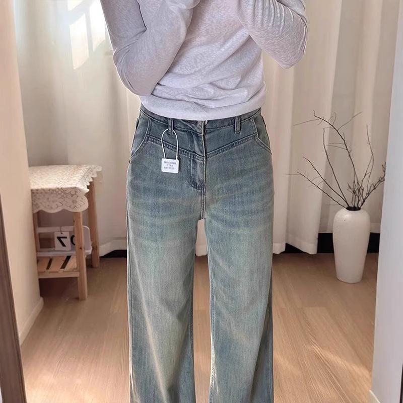 Women's Spring Retro Blue High-Waist Wide Leg Jeans - Slimming, Drapey, Straight Fit