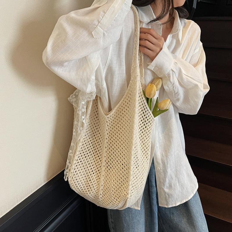 Damen Häkel-Tragetasche Mode Gestrickt Große Kapazität Gewebte Schultertaschen Einfache Einkaufstasche in Unifarbe für Sommerstrand