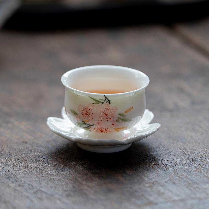 

50ml Hand-painted Peach Blossom With Coaster Teacup Boutique Tea Bowl Mug Tea-tasting Smelling Cup Chazhan Master Cups Teaset