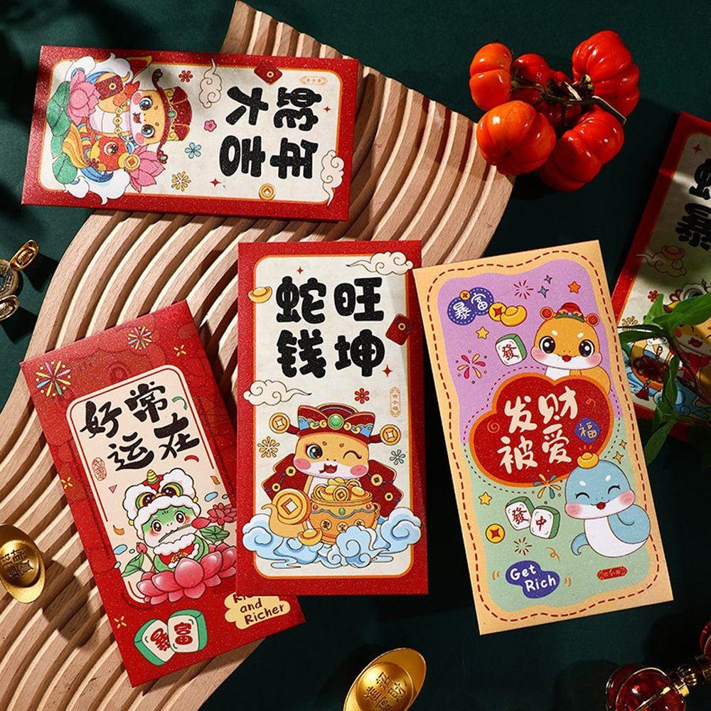 6 Stück Traditionelle 2025 Jahr der Schlange Rote Umschläge Hongbao Roter Umschlag Neujahr Glücksgeldbeutel Bonus