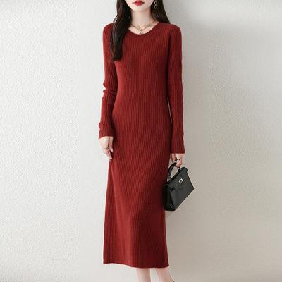Women Sweater Dress 100% Wool O-neck Knit Long Pullover Winter Jumpers Wool Long Dress Female