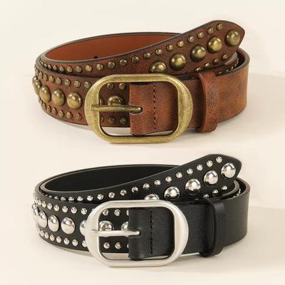 Damen Retro Nieten Ledergürtel: Dekorativer Punk-Stil-Gürtel mit Metallschnalle und Kette