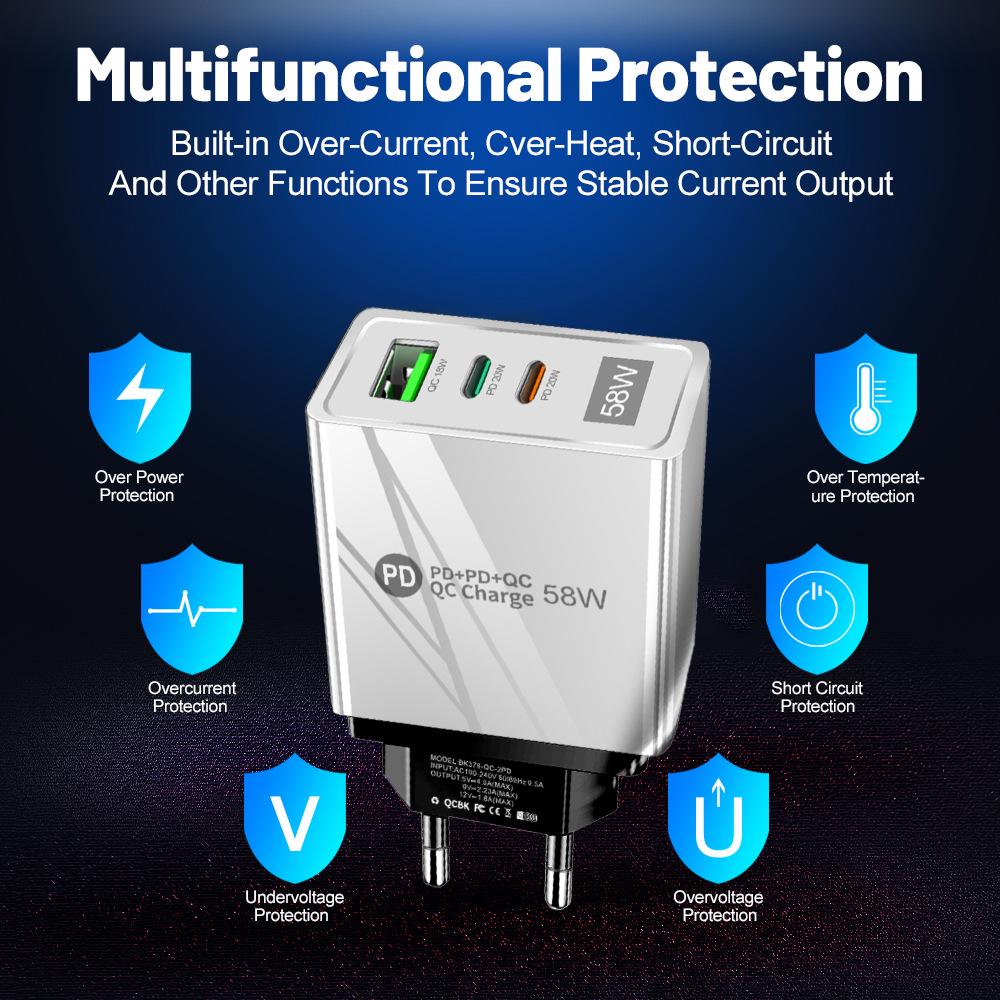 58W Dual Fast Charger with 2PD+QC3.0, Compatible with EU/US/UK Plugs.