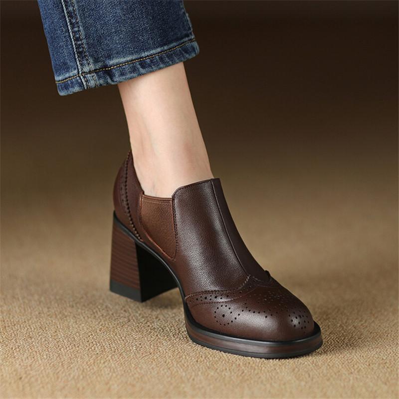 Fashion 2024 New Spring Genuine Leather Women Shoes Round Toe Women Pumps Brogue Designs Shoes for Women High Heel Loafers Ladies Shoes