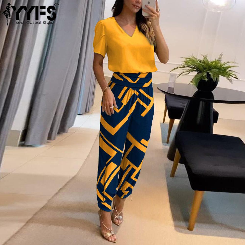 YYFS Women's Fashion Casual Summer Spring Colour Block Print Short Sleeve V-Neck Trousers Pants Suits