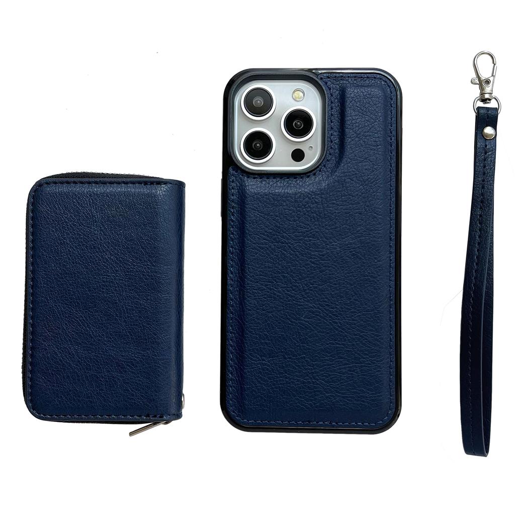 For iPhone 16 Pro Max Case Detachable Zipper Card Bag PU+TPU Kickstand Phone Case with Strap