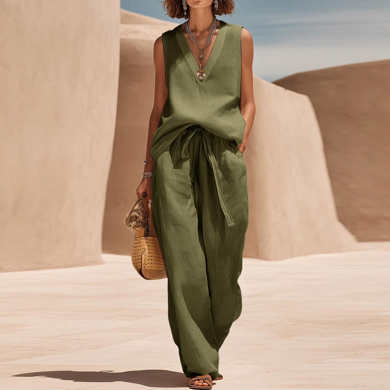 

Women s Fashionable Loose Round-neck Button Short-sleeved Shirt And Wide-leg Pants Set L армия зеленый