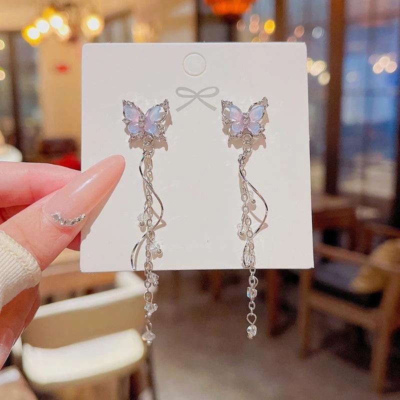 Cute Exquisite Shiny Butterfly Long Tassel Earrings Sweet Earrings Wedding Jewelry