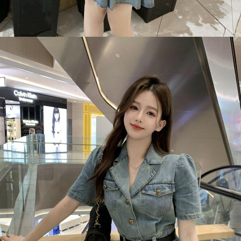 French Style Slim Denim Dress with Pleated Skirt & Belt