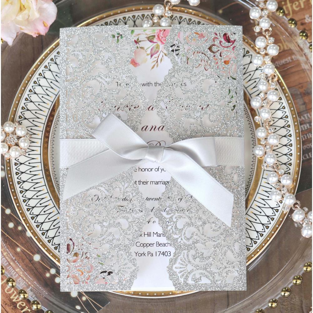 10 Stück Glitzer Einladungskarte mit Band Grußkarten Hochzeit Mariage Einladung Party Taufe Bar Mitzwa Party Dekoration