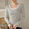 Pure Cotton Striped T-shirt Women's Long-sleeved Autumn Winter New Round Neck Top Slimming Slim Tees Bottoming Shirt