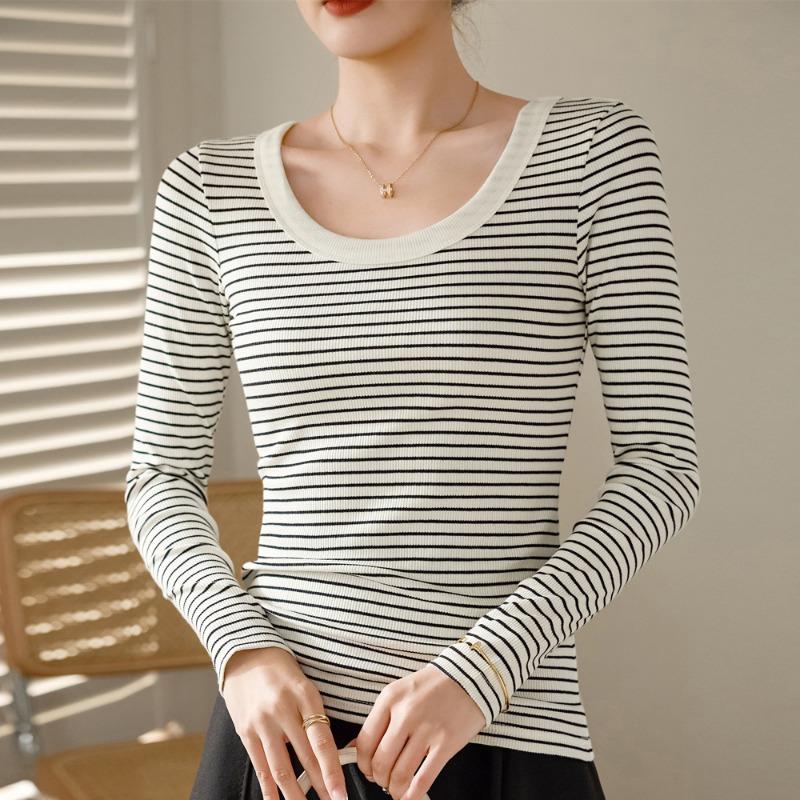 

Spring Autumn Round Neck Vintage Striped Printing T-shirt Women Long Sleeve All-match Cotton Bottomed Tee Top S белый