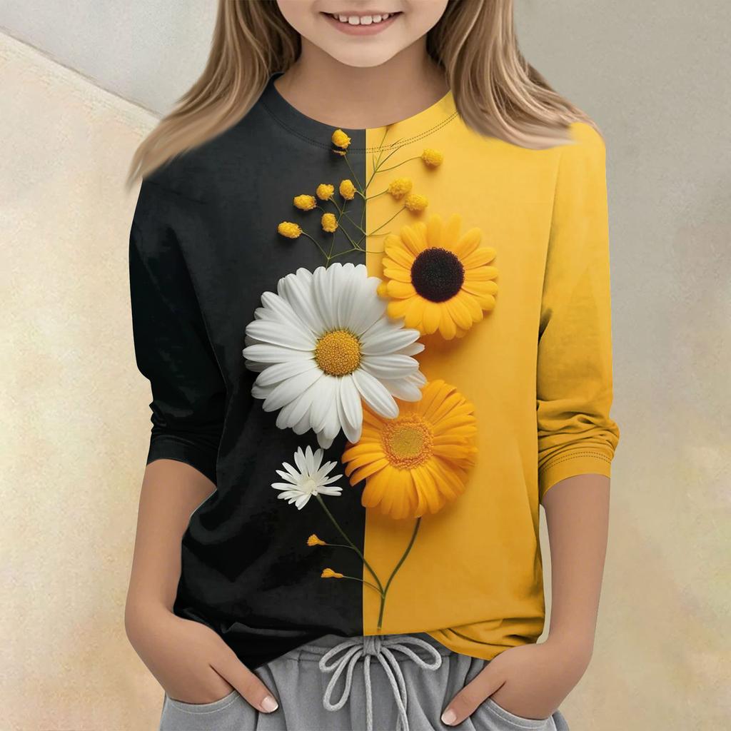 Kinder bedrucktes Rundhals Siebenviertelarm Freizeit T-Shirt