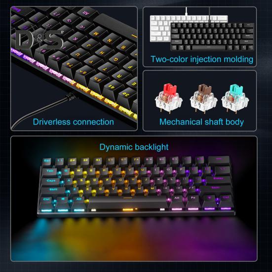 Teclado Mecánico de 61 Teclas con Efectos de Iluminación RGB Diseño Ergonómico Ajustable Plug-Play Teclado Universal Alámbrico para Juegos