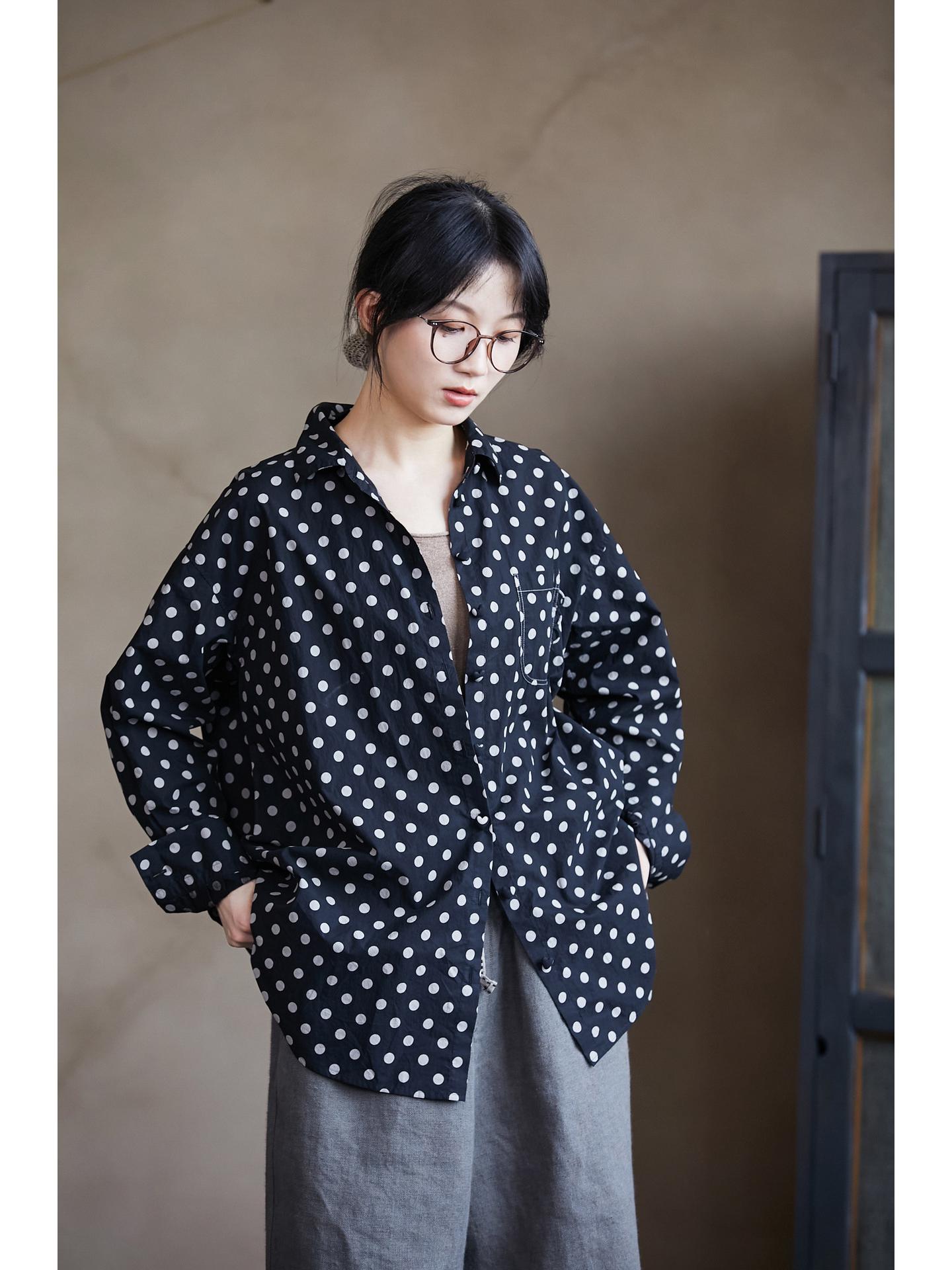 Autumn Literary Retro Women s Polka Dot Black & White Cotton Shirt Large