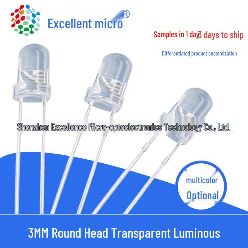 3mm Round Head LED Lamp Beads - High Brightness, Blue, Red, Green, White Emitting Diodes