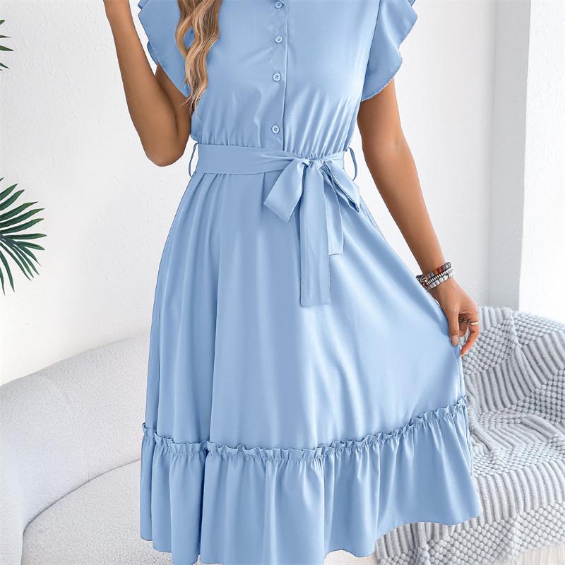 2026 Spring/Summer Women's Stand up Collar Ruffle Lace Waist Shirt Skirt S-XL